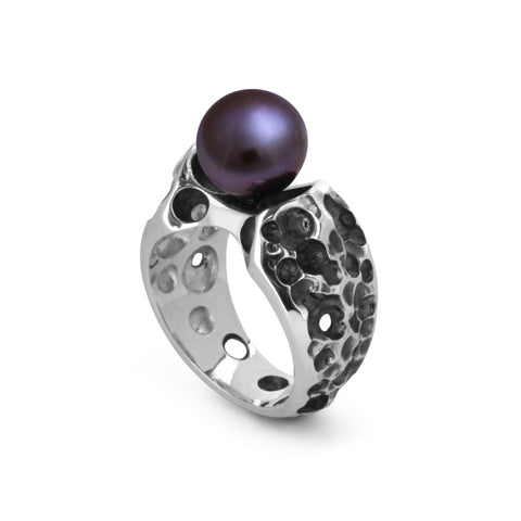 Sterling Silver Coral 2-Hole Ring with Pearl